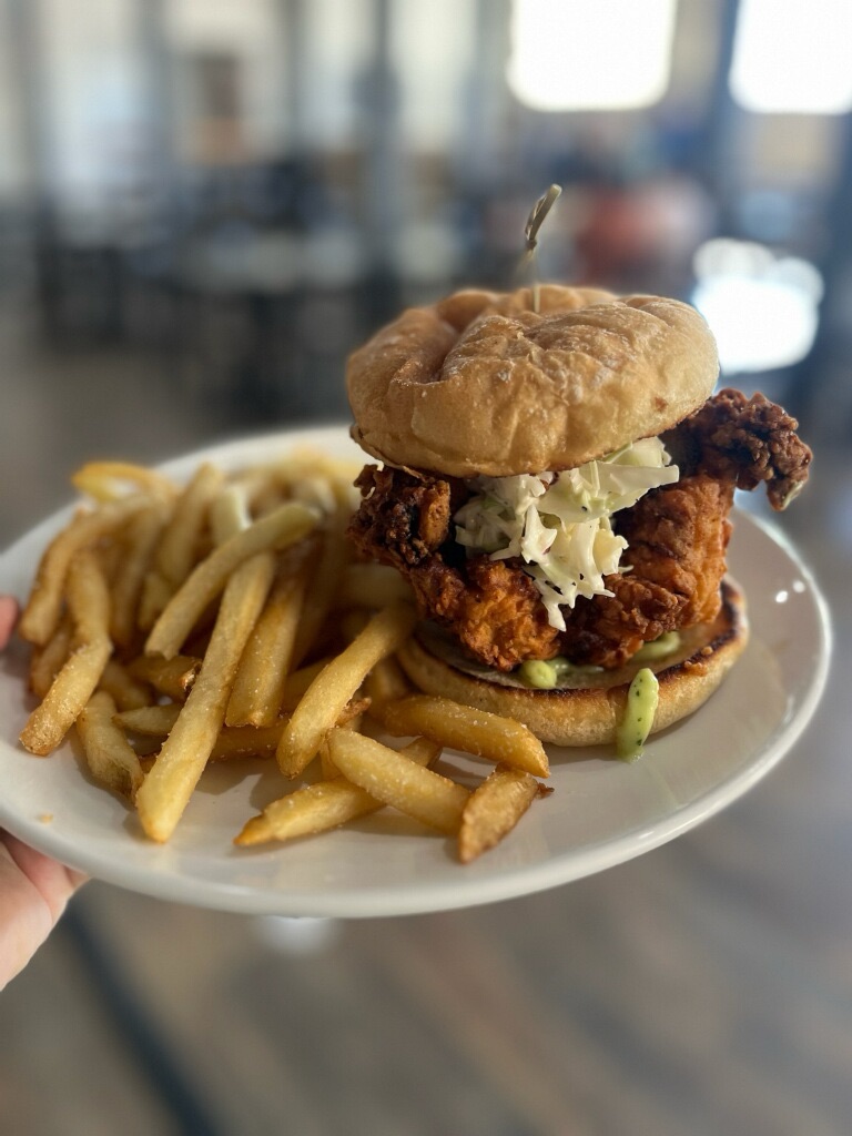The fried chicken sandwich with jalapeno and slaw at Hayne Street Gastrolounge Bar and Restaurant in Monroe NC.